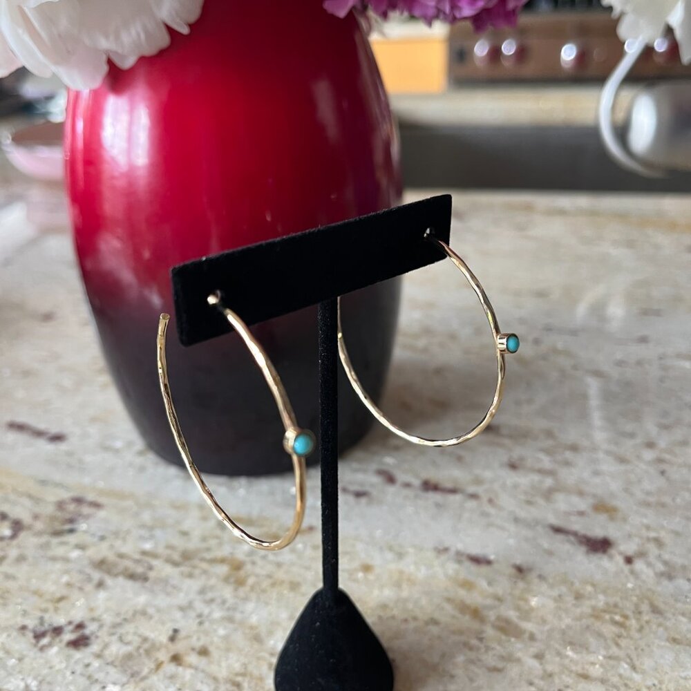 Large Hammered Hoop Earrings w/ Turquoise Bead NWT